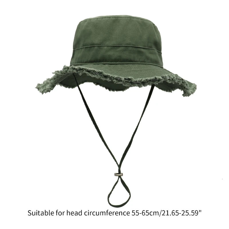 Frayed Fisherman Hat with Adjust Chin Rope Anti-Uv Fisherman Hat for Adult Wide Brim Bucket Hat 250107