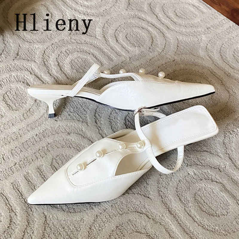 Hlieny Fashion Pearl Buckle Strap Pumps Women Mules Slipper Cozy Leather Pointed Toe Ladies Shoes er Low Thin Heels Slides 250107