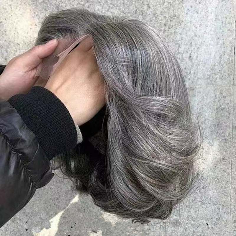 100% Raw Gray human hair Lace wig for black women short wavy bob Silver curls Grey salt and pepper 5x5 Hd Lace closure front wig 10inch 12Inch