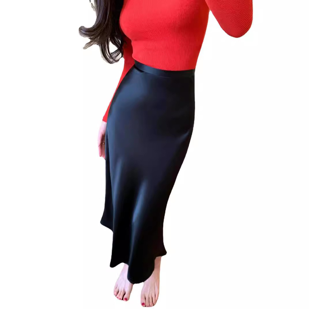 P2360 Zippered acetate satin skirt A-line women's shiny slim high waist long skirt silky large size