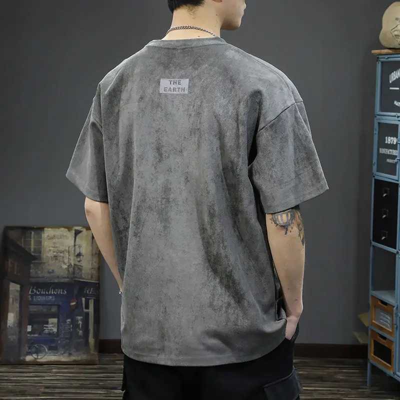 Beautiful round neck mens short sleeved floral solid color retro spring summer chiffon mens loose clothing M250108