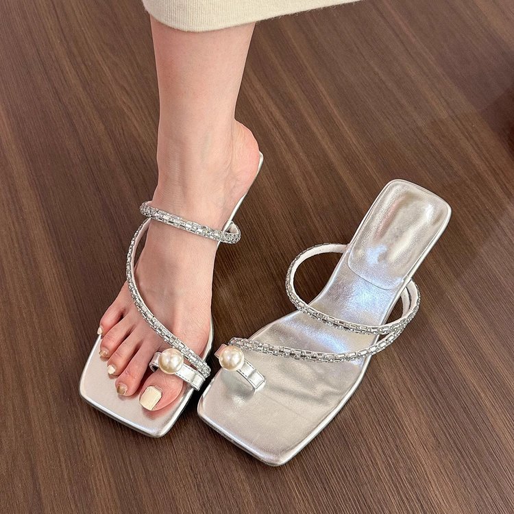Women Sandals Fashion High Heel Square Toe Pearl Versatile New Clip Toe Slim Triple Black White Silver Free shipping