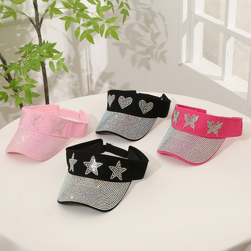 Summer net red hollow top hat diamond sequins hollow top love hat casual student sunshade breathable large brim sunscreen hat