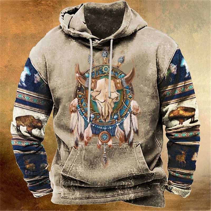 Retro ethnic graphic hoodie fashionable casual long sleeved 3D printed sports shirt mens streetwear oversized outdoor zipper W250108