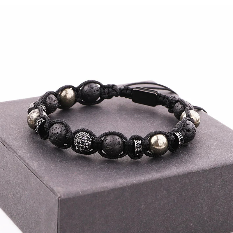 CZ Pave Ball Lava Stone Pyrite Braided Macrame Cord Bracelet Men Jewelry Gift 250107