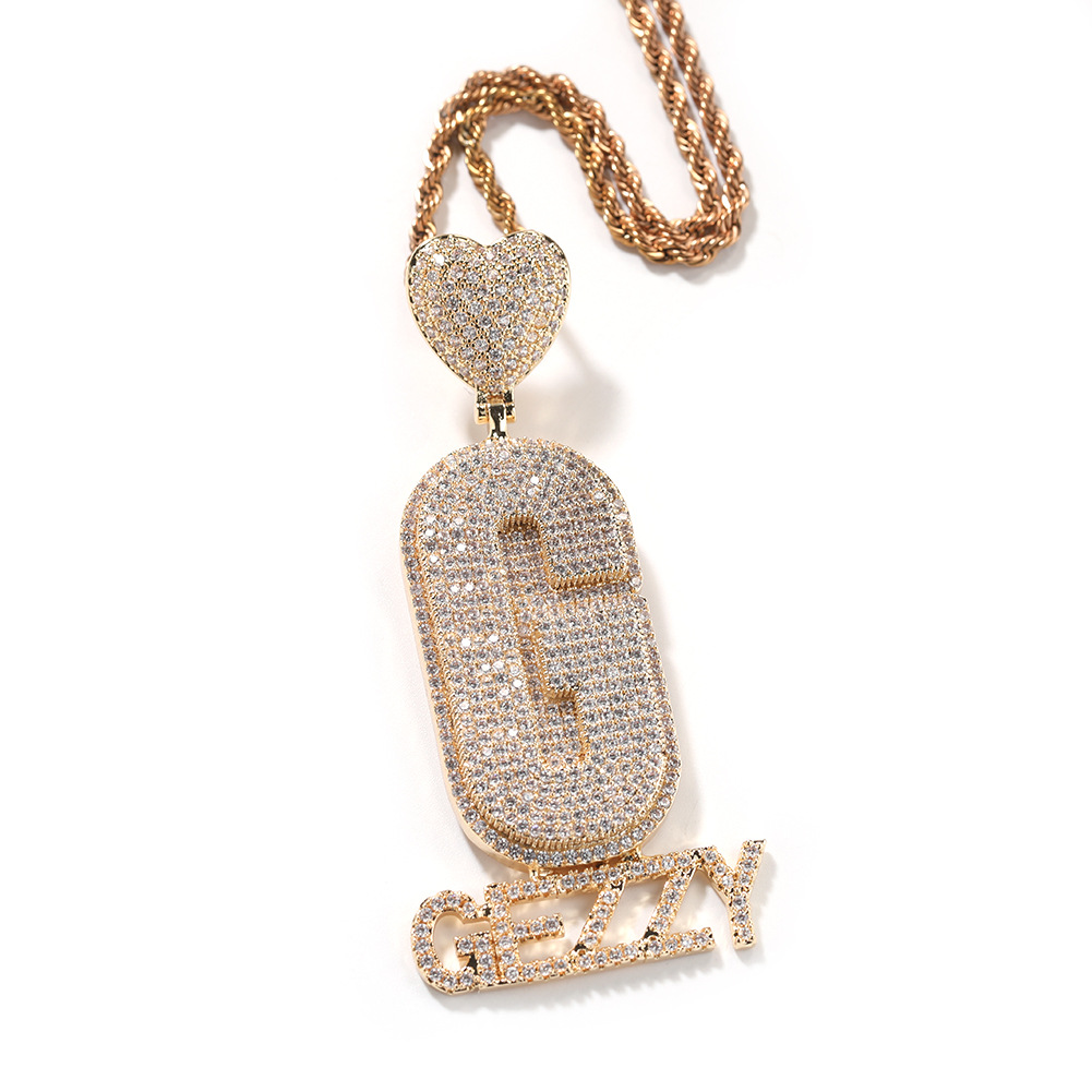 Hip Hop Love Heart A-Z Large Letters Pendant Mens Necklace Full Zircon Jewelry