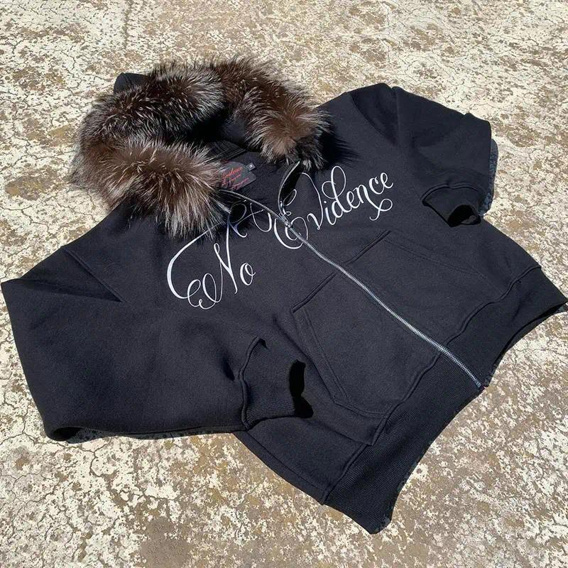 Men's Hoodies Men Hip Hop Graphic Punk Fashion Letter Print Clothes Faux Fur Collar Zip Up Harajuku Aesthetic Streetwear