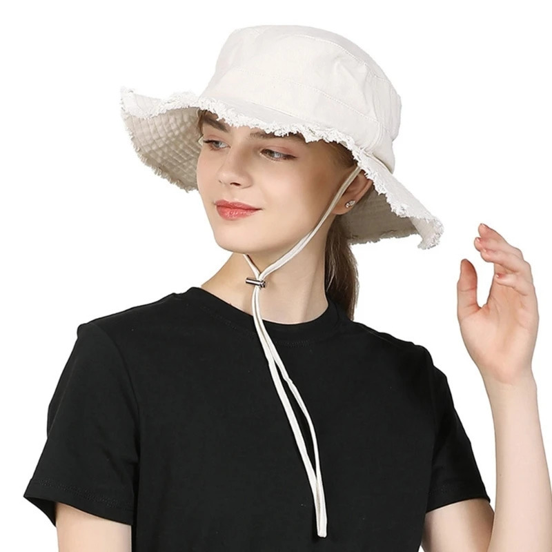 Frayed Fisherman Hat with Adjust Chin Rope Anti-Uv Fisherman Hat for Adult Wide Brim Bucket Hat 250107