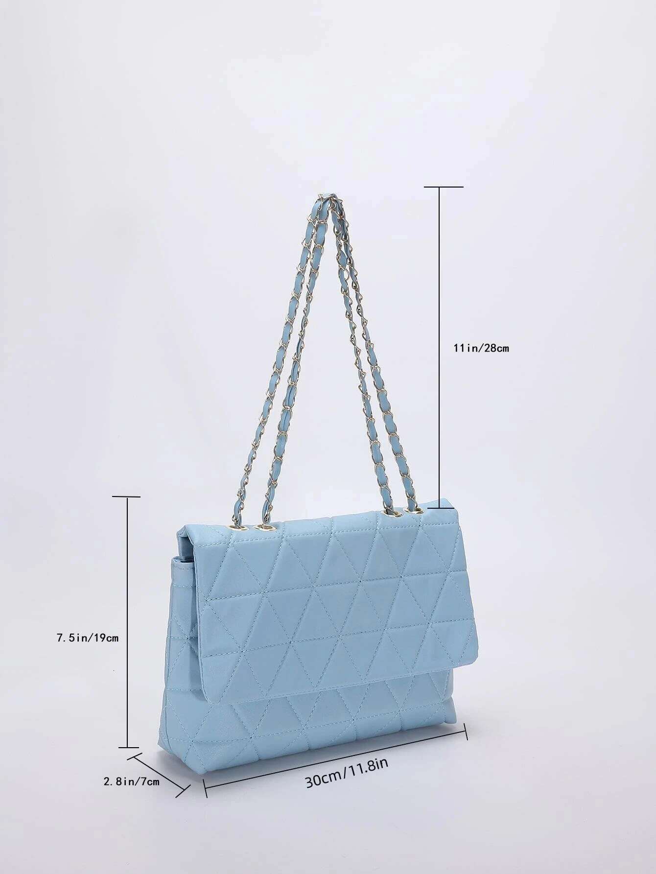 Fashion Blue Pu Flap Golden Large Capacity Niche Geometric Handbag Women's Embroidery Thread Metal Chain Shoulder Bag