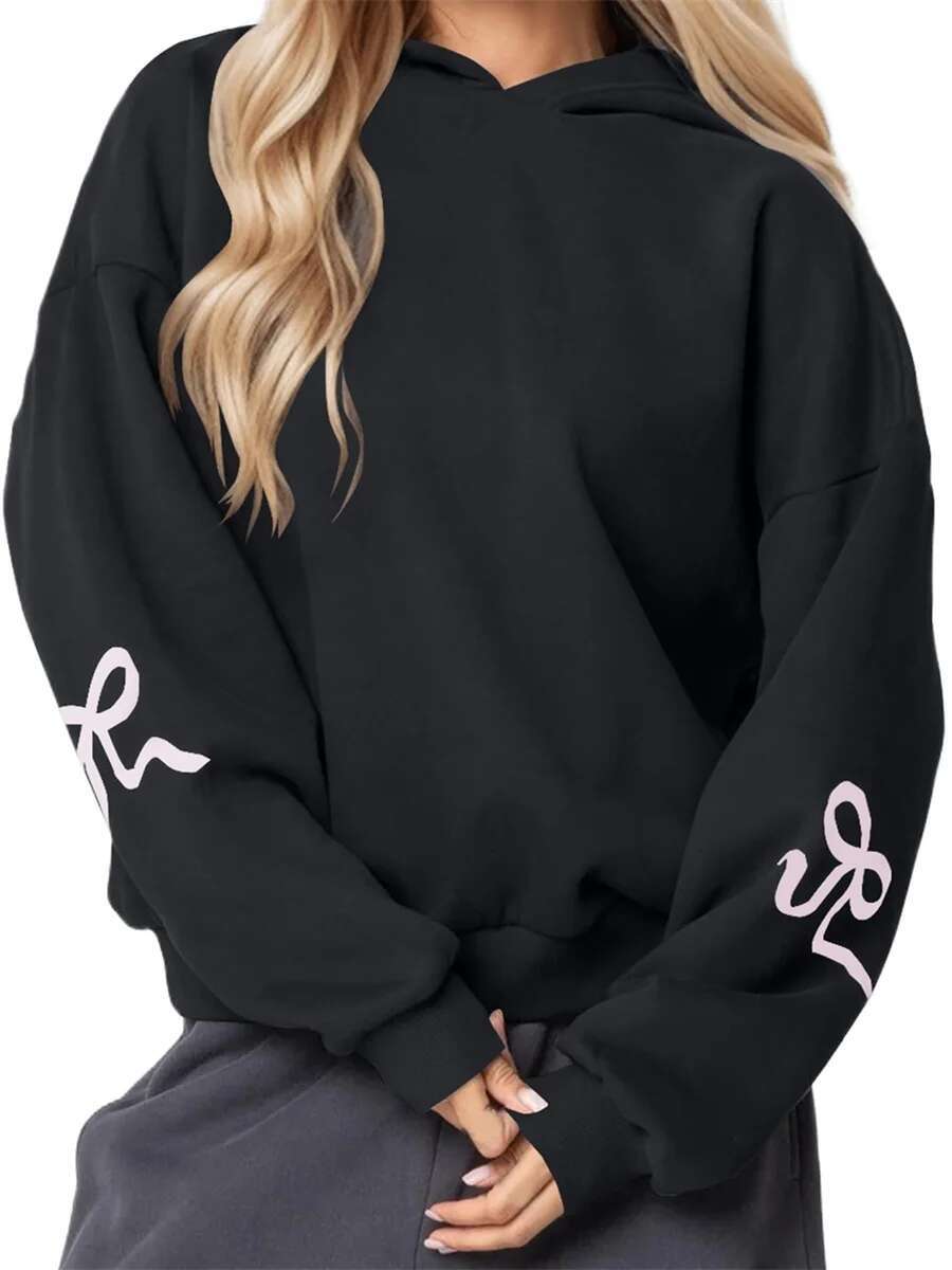 Women Oversized Loose Hoodies Bow Print Long Sleeve Hooded Sweatshirts Ladies Autumn Spring Pullovers Tops Streetwear Aesthetic