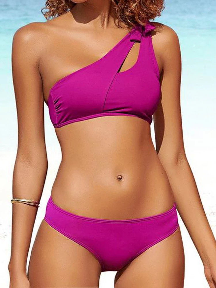 Bikini Swimsuit Women Swimwear Solid Black One Shoulder Bikinis Set Bathing Suit Female Two Pieces Beach Wear Biquini 250106