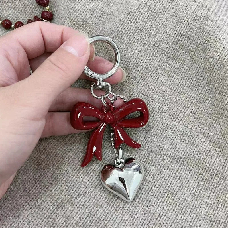 Retro Red Bowknot Heart-shaped Pendant Key Chains Y2k Acrylic Bow Keychain Bag Decoration Mobile Phone Straps Free Shippping 250107