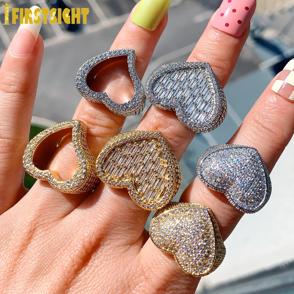 Full Iced Out Bling Hollow Heart Ring Gold Silver Color 5A CZ Micro Pave Cubic Zircon Rings Hip Hop Punk Men Women Jewelry 250107