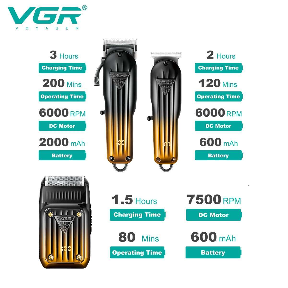 VGR Comno Kit Barber Clipper Professional Electric Shaver Rechargeable Beard And Hair Trimmer For Men Haircut hine V-644