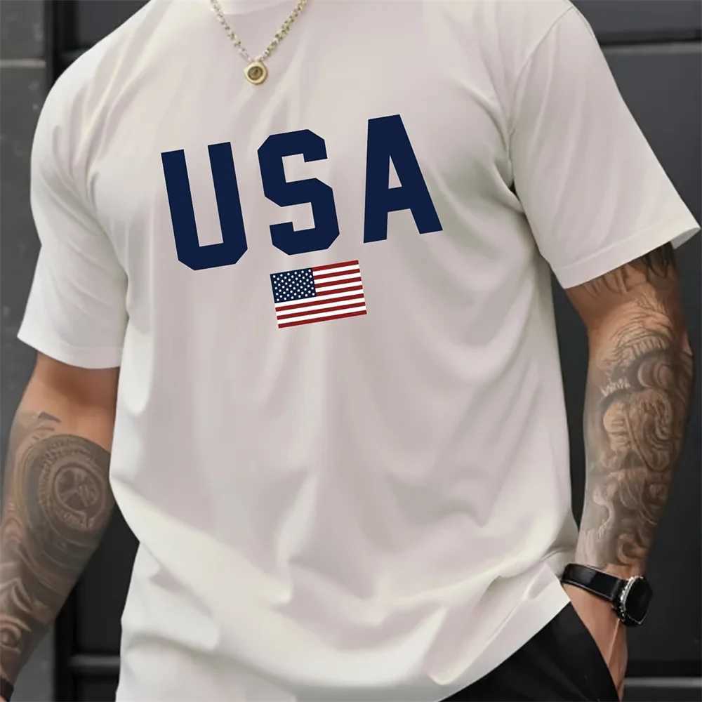 Mens Summer Crew Collar Letter Pattern Short Sleeve T-shirt - Breathable Polyester Fabric Slightly Stretching Regular Fit Casual M250410