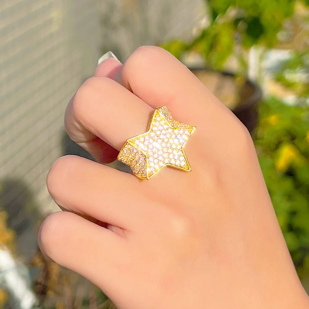 Pera Milan Hip Hop Rock Five Star Rings Gold Color Iced Out CZ Zircon Pentagram Women Wedding Party Jewelry R198 250107