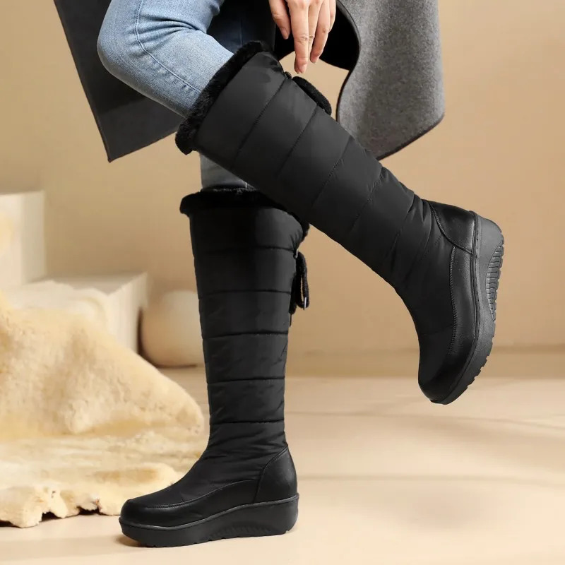 Waterproof Winter Shoes Woman Snow Boots 2024 Warm Fur Plush Casual Wedge Knee High Boots Girls Black White Rain Shoes Ladies 250106