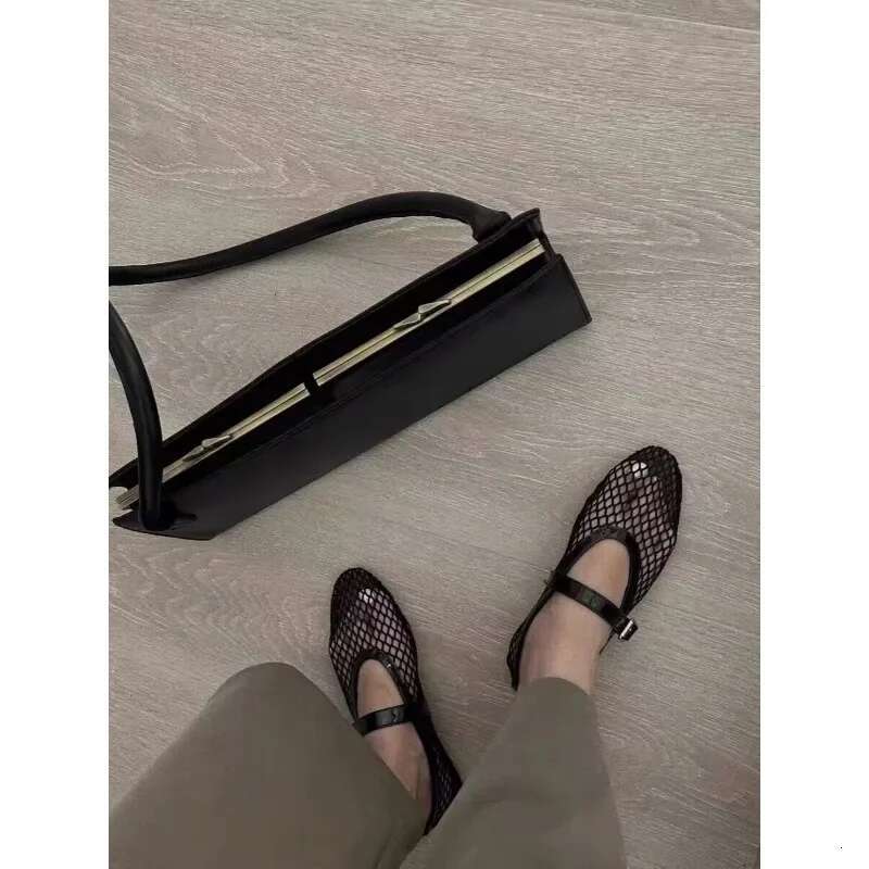 Ballet Flat Shoes Woman Mesh Hollow Outs Mary Jane Flats Black Loafers Summer Walking Footwear Size 42 250224