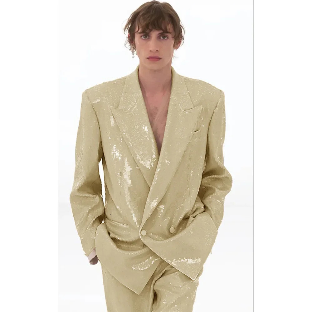 Mens Suit Complete 2 Piece Sequined Party Wear Slim Fit Wedding Jacket Pants Clothing Casual Trousers Elegant 250102