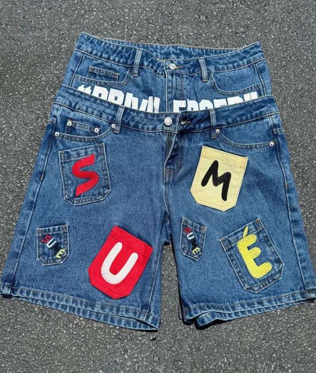 ed printed colorful patch washed denim shorts summer loose casual straight pants versatile two-piece five-point pants 250107