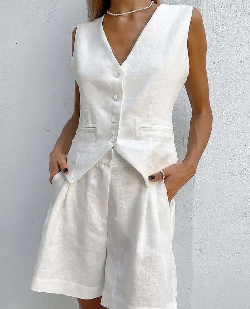 Womens Tracksuits Solid Cotton Linen Shorts 2 Peice Suit Single Breasted Button Sleeveless Vest Pockets Set Women 2025 Street Outfits