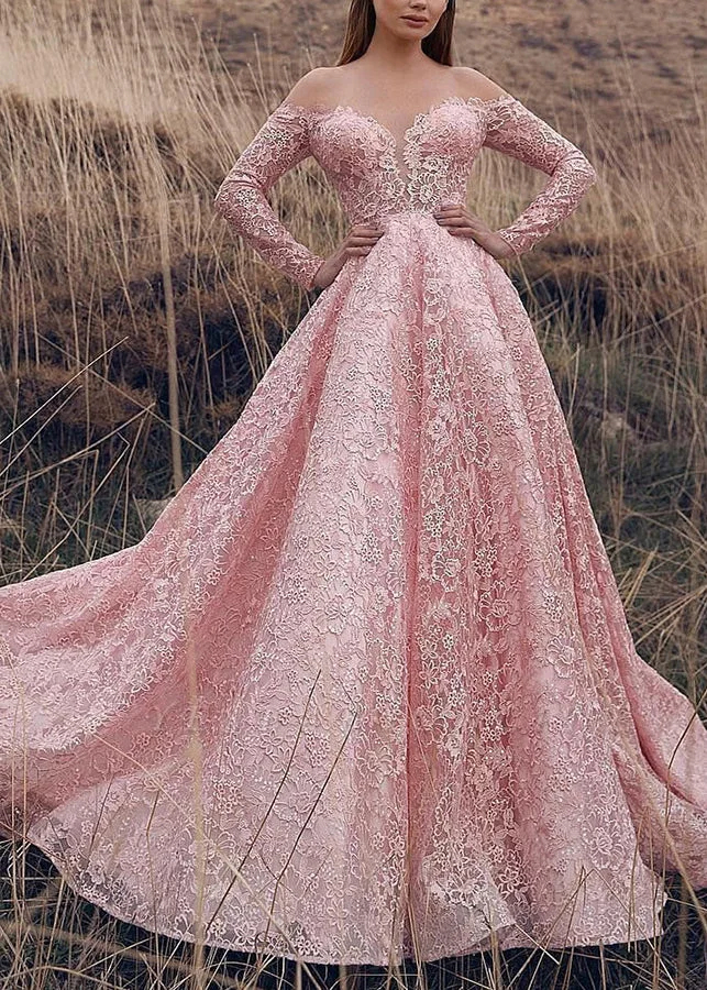 Pink Country Lace Wedding Dresses Illusion Off Shoulder Long Sleeves A-Line Bridal Gowns Boho Beach Bride Dress Custom Made Ivory White Robe De Mariee