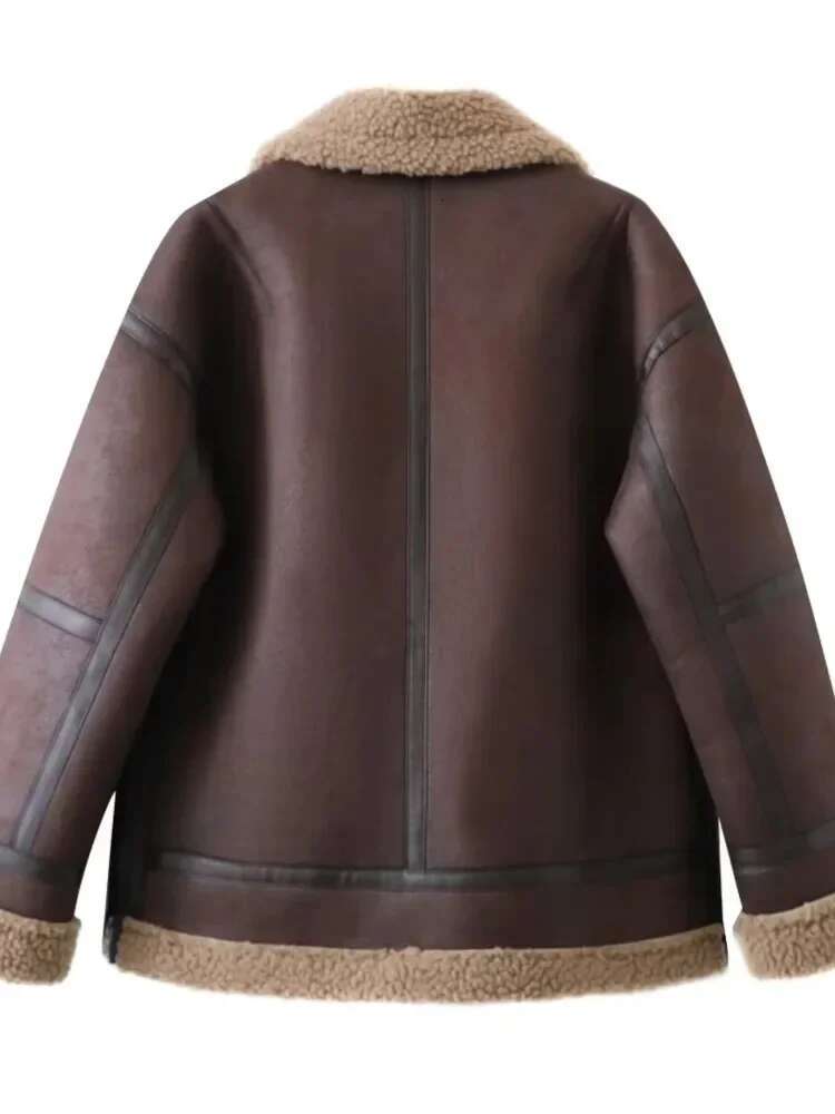 Winter Women Warm Thick Faux Leather Jacket Vintage Lapel Long Sleeve Zipper Overcoat Fashion Loose Oversize Coats Female