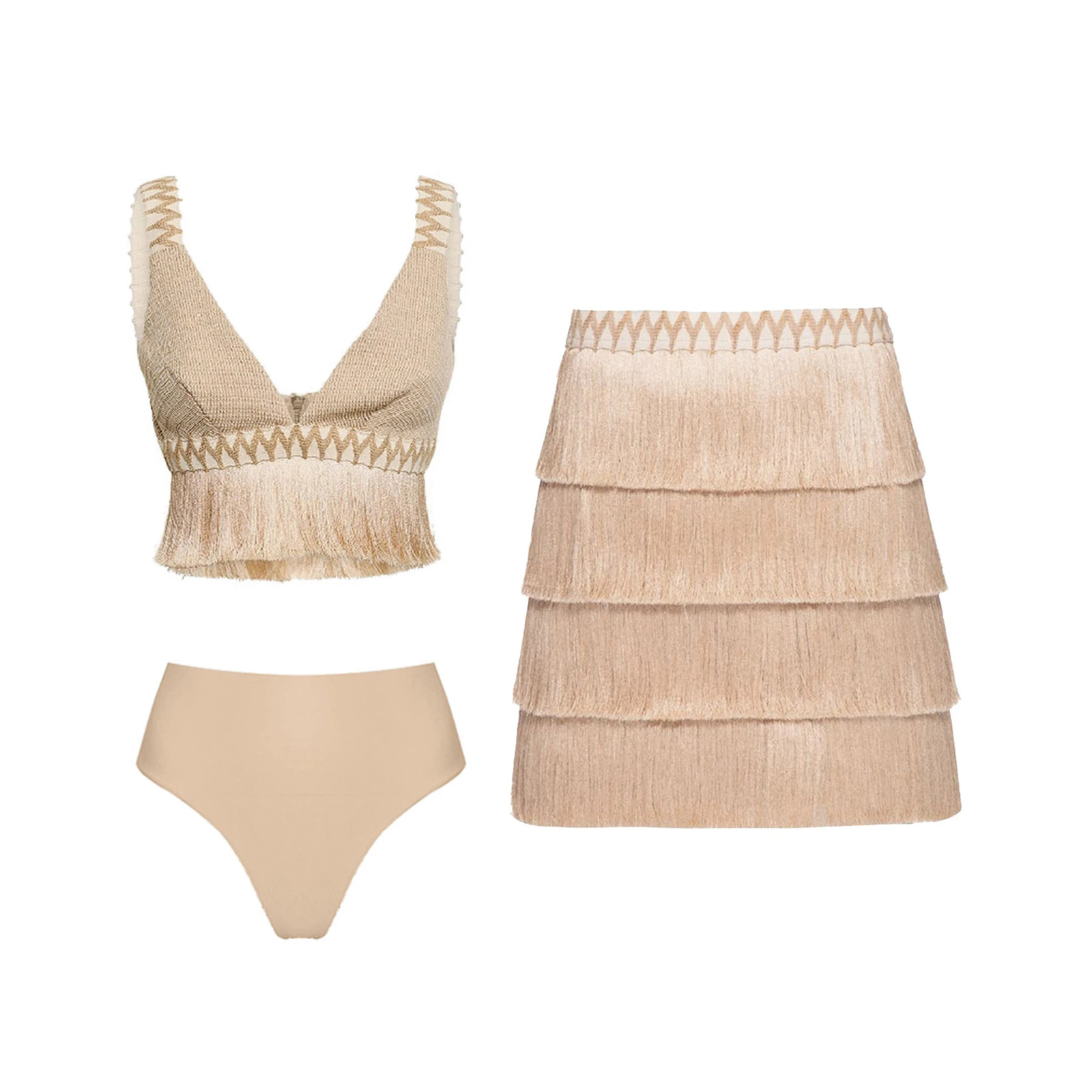 2025 V Neck Fringe Trim Bikini Swimsuit High Waist Swimwear with Skirt for Women Halter Bathing Suits Print Summer Female 250108