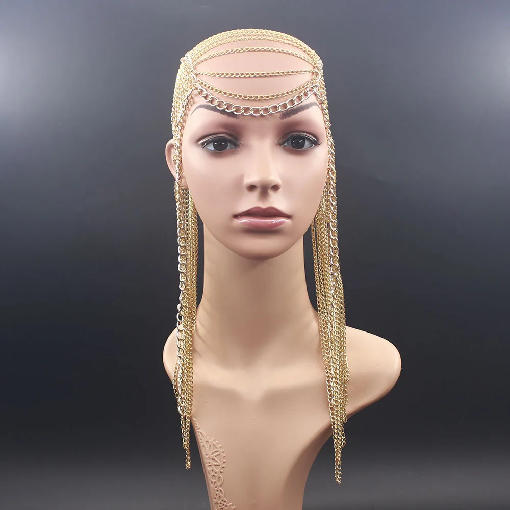 Full Metal chain Gold color Long Tassel Punk Head chain hair jewelry for women party wedding Hair accessories headpiece 250107