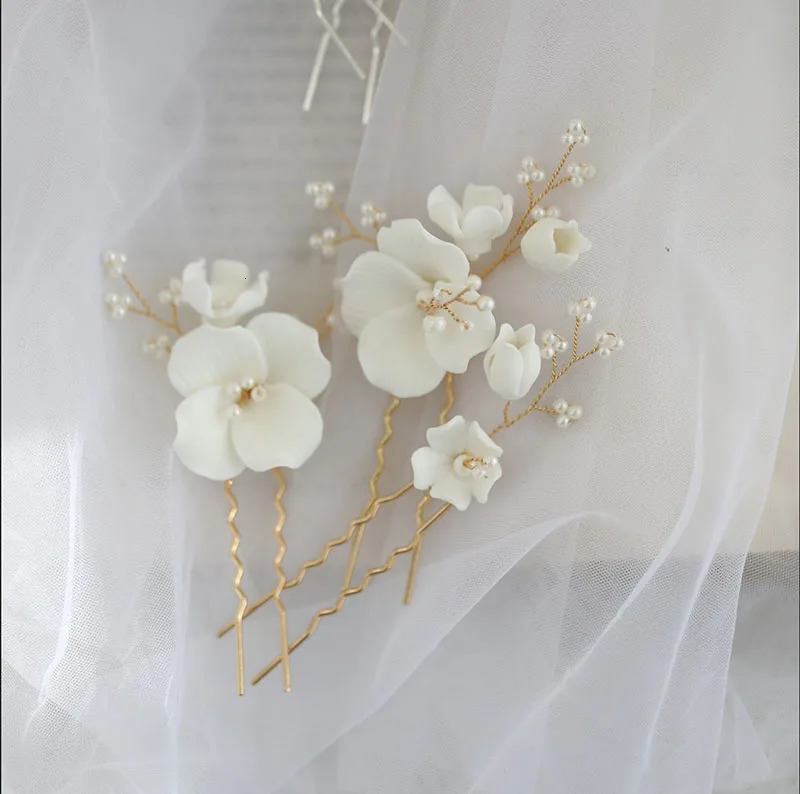 SLBRIDAL Handmade Ins Style Ceramic Flower Pearls Bridal Hair Pin Set Wedding Hair Sticker Hair Accessories Women Hair Jewelry 250107