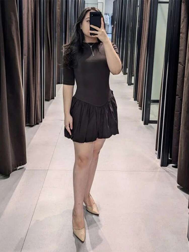 Casual Knitted Patchwork Dress Women O-Neck Short Sleeves Pleated A-E Mini Dresses Female 2024 Autumn Fashion Knit Lady Robe