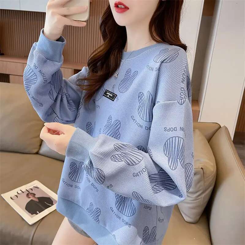 New Full Page Printed Cute Western Style Top Korean Version Loose Long Sleeved Women's Designer Sportswear