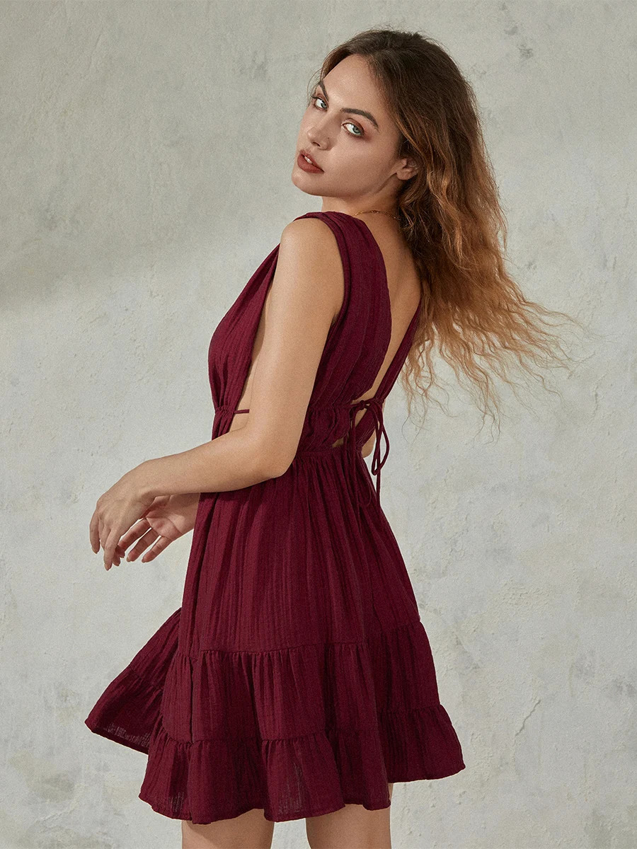 wsevypo Womens Sexy Deep V Neck Flowy Mini Dress Party Beach Casual Sleeveless Backless Ruffled A-Line Short Tank Dresses 250107