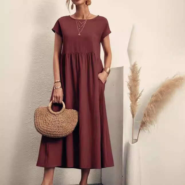 European And American Solid Color Sleeveless Loose Cotton En Pocket Dress