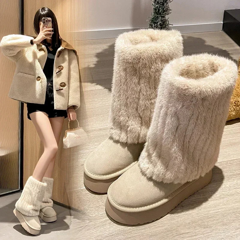 Winter Snow Boots Womens Thick Sole Fur Integrated Short Boots with Plush and Thickened Anti Slip and Warm Cotton Shoes 250106