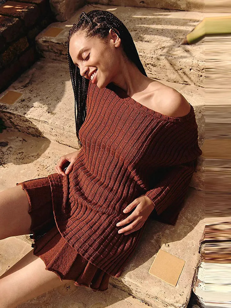 Women Knit Skirt Suits Elegant O-neck Off Shoulder Flare Sleeve Pullover Mini Skirts Female Set 2025 Spring Fashion Lady Outfits 241225