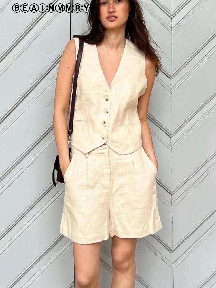 Womens Tracksuits Solid Cotton Linen Shorts 2 Peice Suit Single Breasted Button Sleeveless Vest Pockets Set Women 2025 Street Outfits