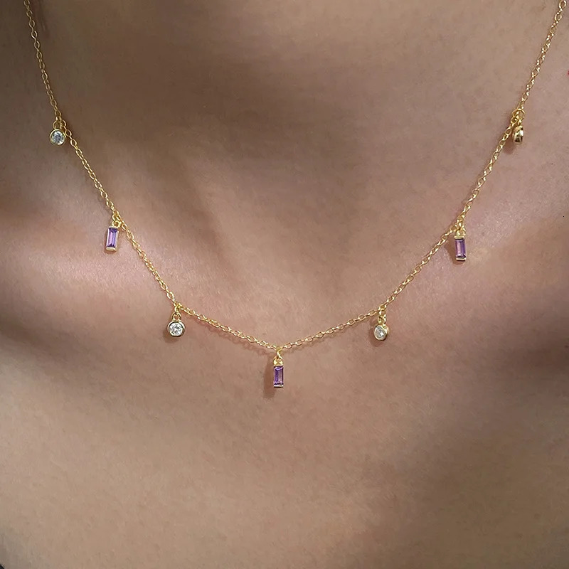 Female Elegant Gold Color 925 Sterling Silver Link Chain Necklace Purple Clear Stones Round Square Charm Necklace for Women250103
