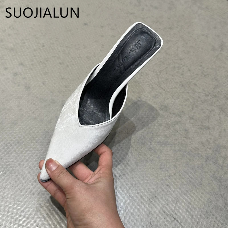 SUOJIALUN 2024 Spring Women Slipper Fashion Pointed To Shallow Slip On Mules Shoes Thin High Heel Ladies Elegant Sandals 250107