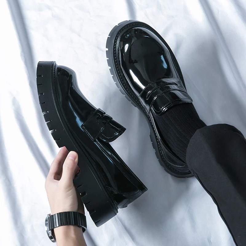 New Men Black Fashion Loafers Original Patent Round Thick Bottom Slip-On Formal Mens Shoes Business Office Leather Shoe 250308