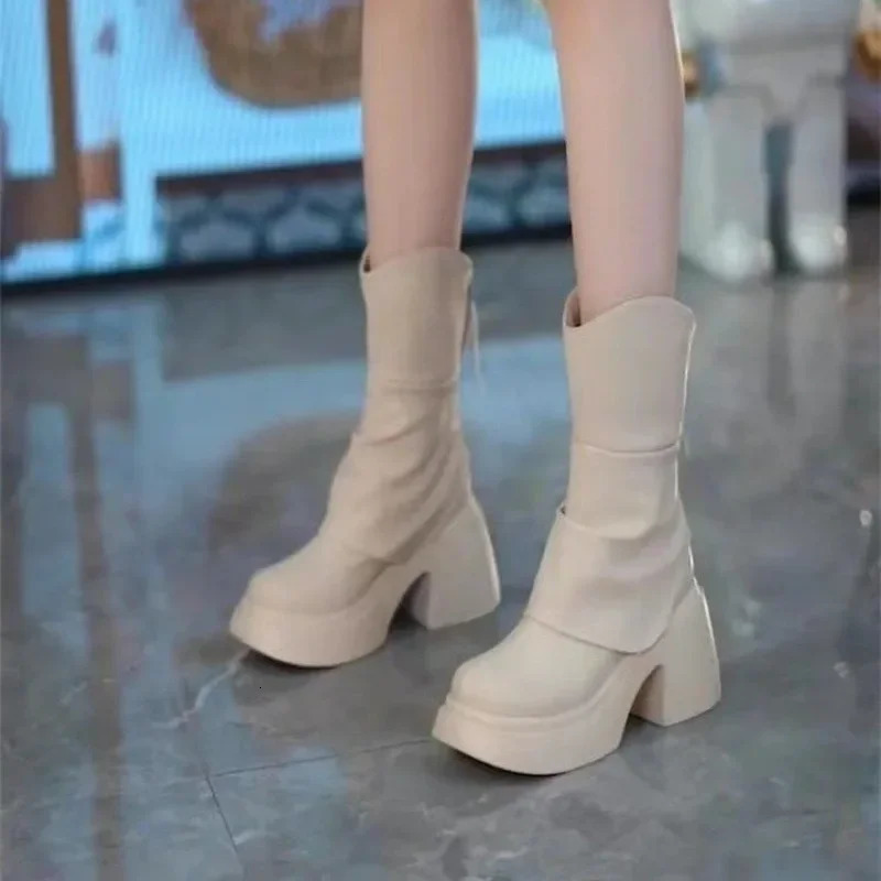 2024 Autumn Winter Women Shoes Leather Short Boots for Women Round Toe Chunky Heel Boots Zipper Ankle Boots Female Platform Heel 250103