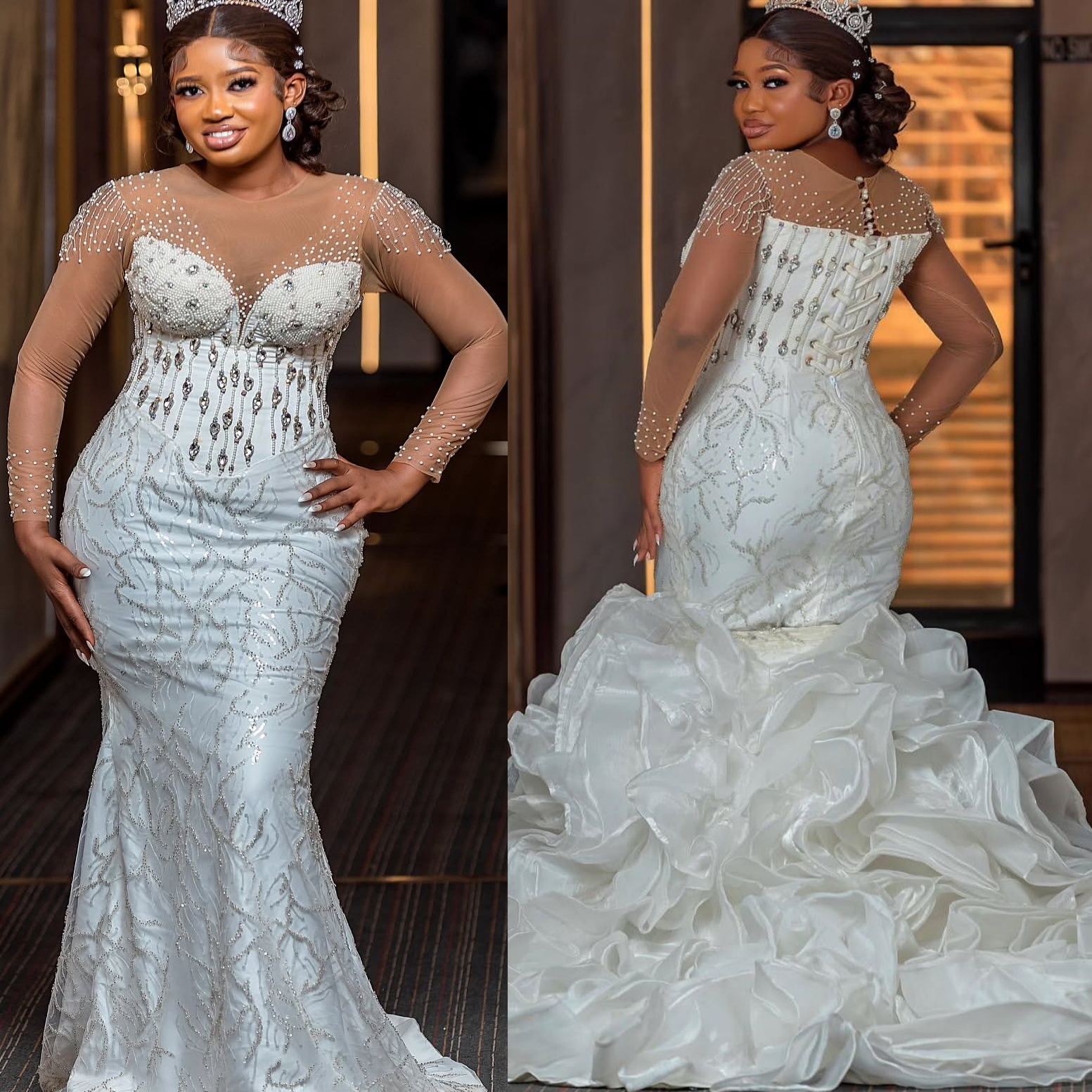 2025 Arabic Aso Ebi Plus Size Ivory Lace Wedding Dresses Beaded Crystals Detachable Train Full Sleeves Bridal Gowns Dress For Brides ZJ0346