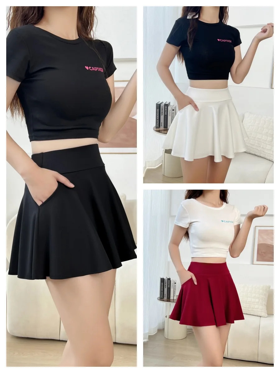 Summer Women Basic Skirt Function Pocket Skirts Lined Shorts Female Style Dancer Uniform Mini Elastic Pleated Plus Size 250106
