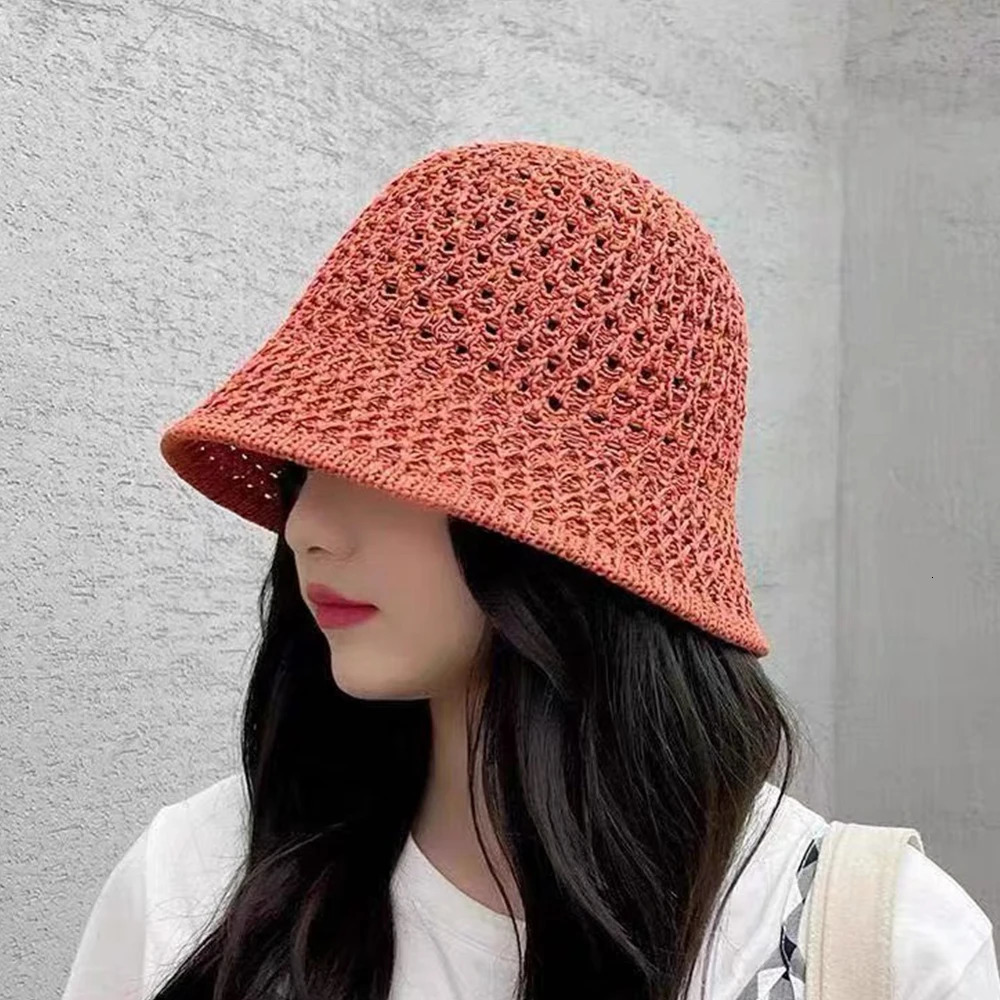 Summer Handmade Crochet Floppy Hats Collapsible Dome Bucket Hat Hollow Out Solid Color Beach Caps Simple Soft Women Hat 2024 250107