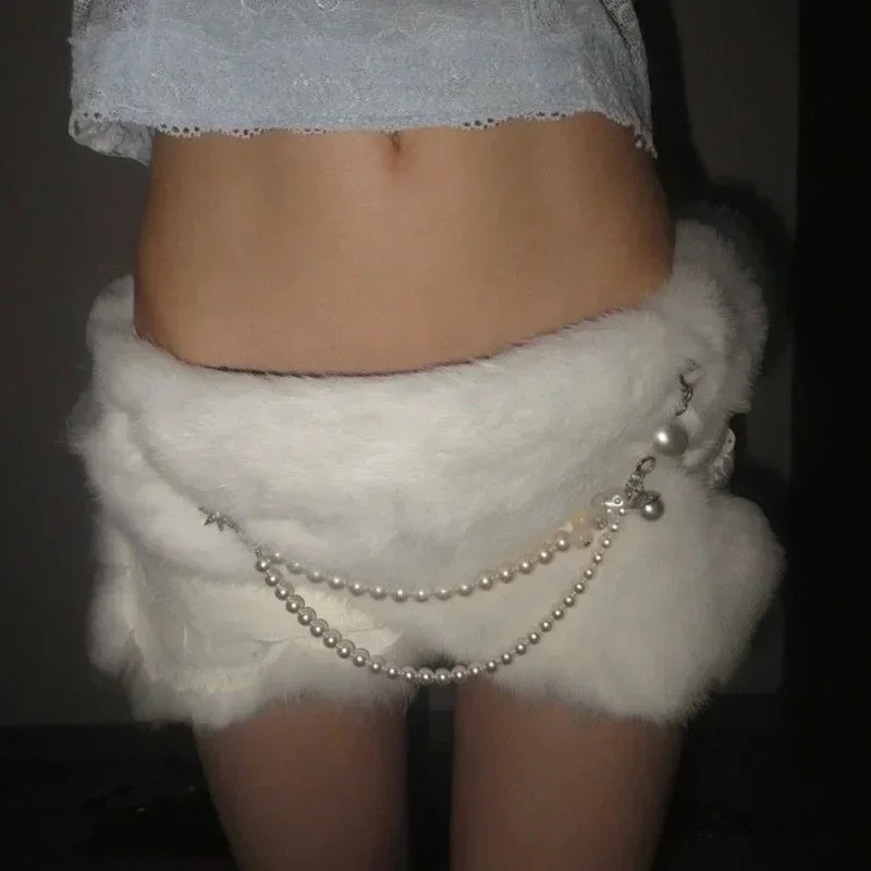 Sexy Rabbit Fur Belt Pearl Chain Y2K Furry Belt Vintage Cow Belts Gothic Punk Star Waistband HipHop Waistband Jeans Pants 250107