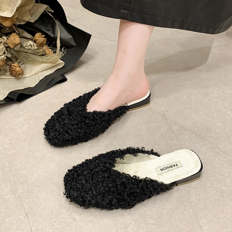 Aphixta 2.5cm Square Heel Warm Winter Furry Slide Suede Women Slippers Women Shoes Round Toe Low Heel Slip On Hair Slides 250107