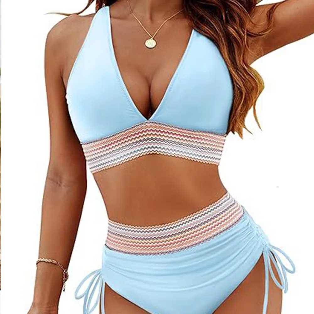 Solid Color Drawstring Bikini Set Fashion High Waist Separate Patchwork Swimwear Drawstring Women Swimsuit Women 250108