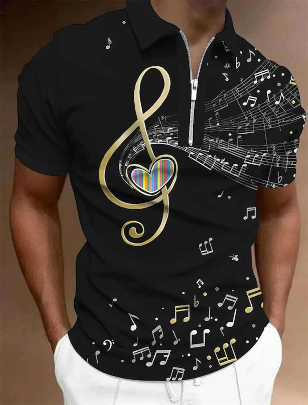 Design Polo Shirt Music Notes Light Prints Mens Tops Golf Graphic Short Sleeves Zipper Polo Shirt Fashion Casual Men ClothingXJ250108