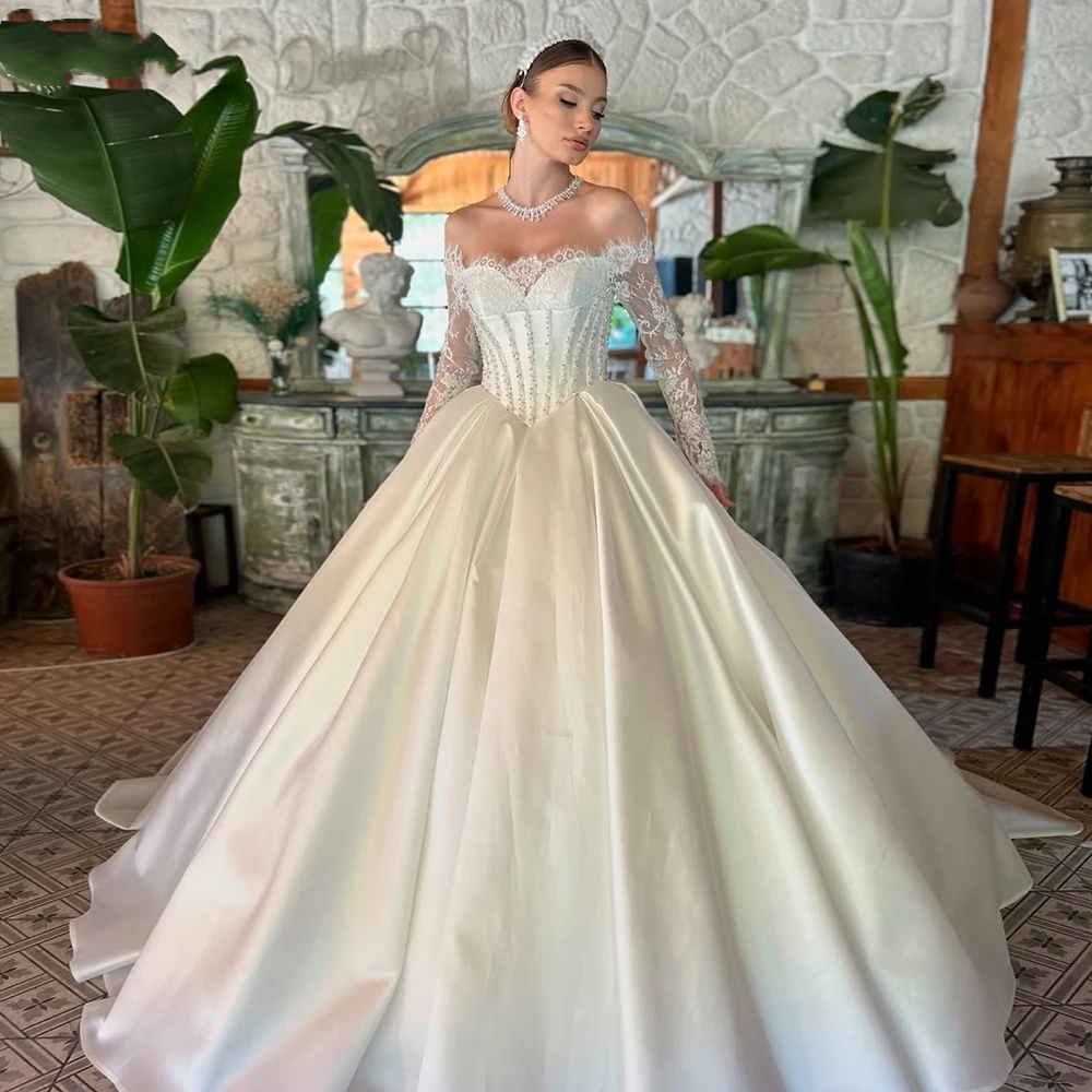 Elegant A-e Bridal Dress with Lace Appliques, Off-Shoulder Long Sleeves, Sweep Train, Customizable, 2024 Wedding Gown