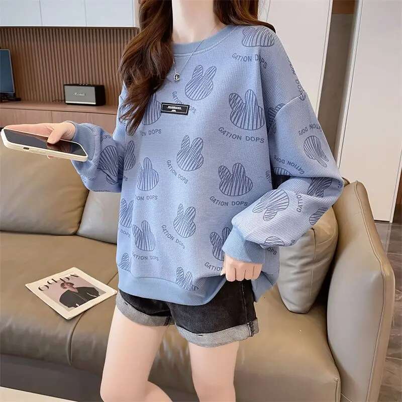 New Full Page Printed Cute Western Style Top Korean Version Loose Long Sleeved Women's Designer Sportswear